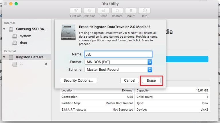 mac erase disk format options use on windows