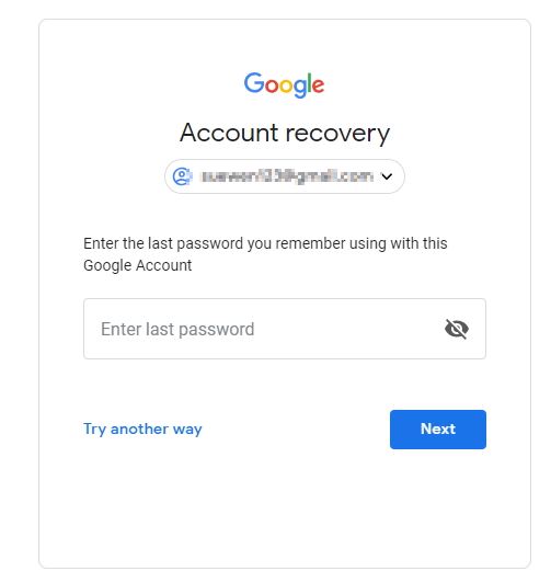 Google recover. Enter last password. Скриншот с восстановлением аккаунта гмаил.