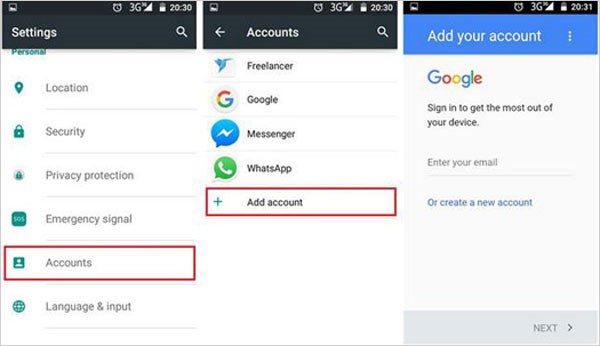 agregar cuenta de Gmail en el dispositivo Samsung