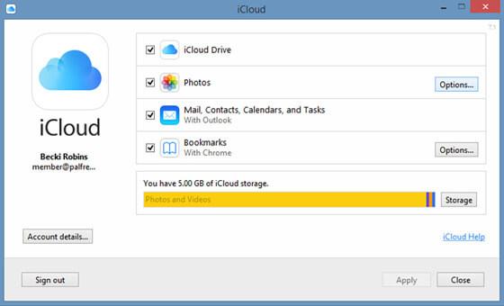 configuración de opciones de icloud en pc