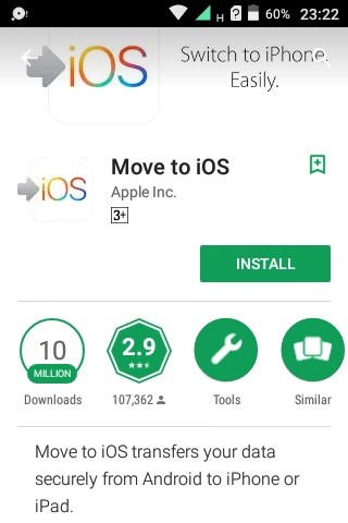 instala y carga la aplicación Move to iOS