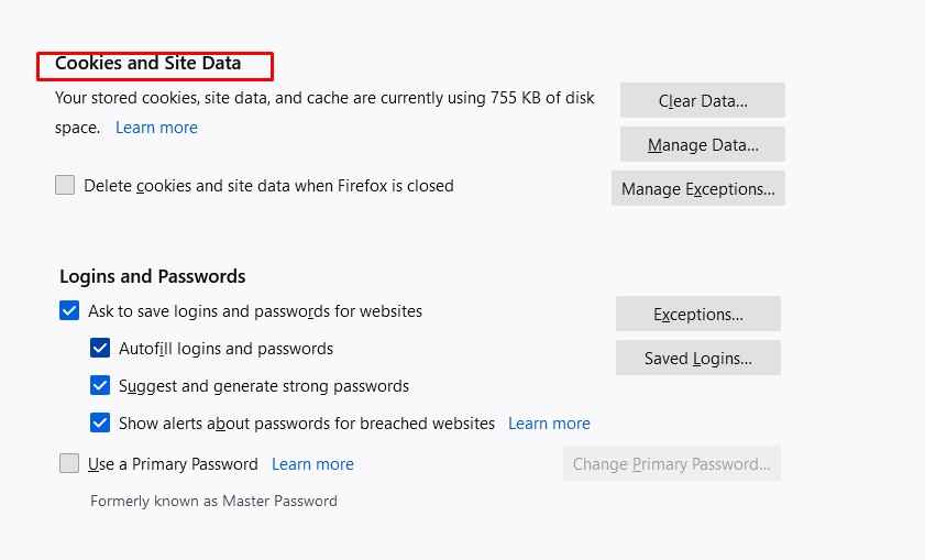 cookies and site data